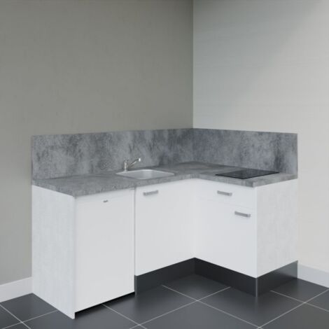 Kitchenette d'angle KA01L-PT électroménager inclus - Façade Blanc - Plan Gris béton - Evier Inox - Crédences Oui + Electroménager inclus coloris Blanc