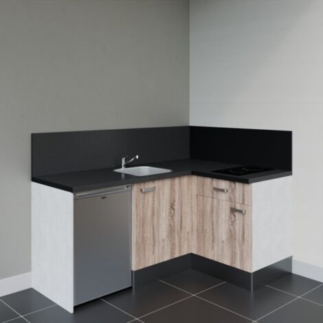 Kitchenette d'angle KA01L-PT électroménager inclus - Façade Bois - Plan Noir texturé - Evier Inox - Crédences Oui + Electroménager inclus coloris Inox