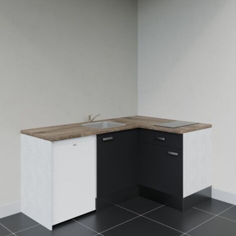 Kitchenette d'angle KA01L-PT électroménager inclus - Façade Noir - Plan Bois - Evier Inox - Crédences Non + Electroménager inclus coloris Blanc