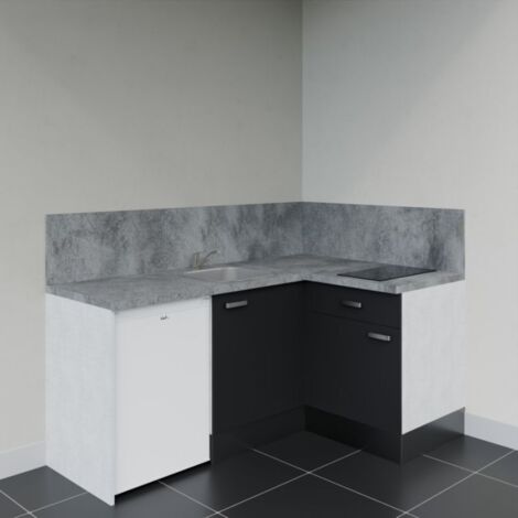 Kitchenette d'angle KA01L-PT électroménager inclus - Façade Noir - Plan Gris béton - Evier Inox - Crédences Oui + Electroménager inclus coloris Blanc