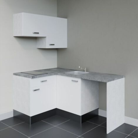 Kitchenette d'angle KA02L-PT avec plan de travail et évier - Façade Blanc - Plan Gris béton - Evier Inox - Crédences Non
