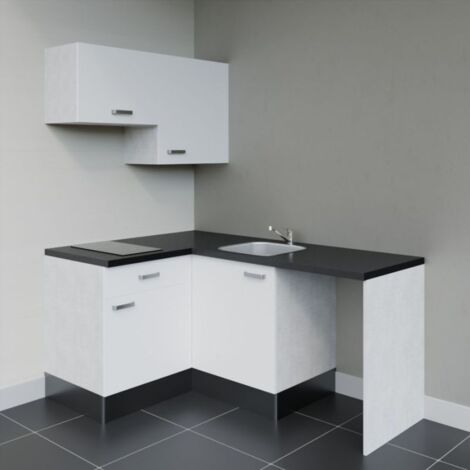 Kitchenette d'angle KA02L-PT avec plan de travail et évier - Façade Blanc - Plan Noir texturé - Evier Inox - Crédences Non
