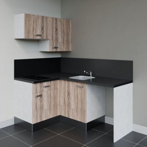Kitchenette d'angle KA02L-PT avec plan de travail et évier - Façade Bois - Plan Noir texturé - Evier Inox - Crédences Oui