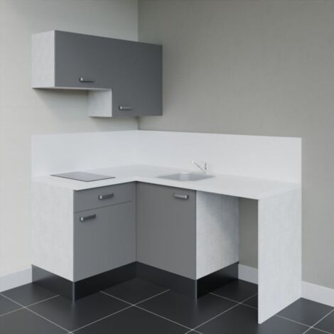 Kitchenette d'angle KA02L-PT avec plan de travail et évier Façade Gris - Plan Blanc - Evier