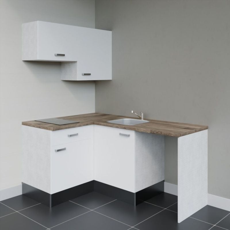 Kitchenette d'angle KA02L-PT avec plan de travail et évier - Façade Blanc - Plan Bois - Evier Inox - Crédences Non