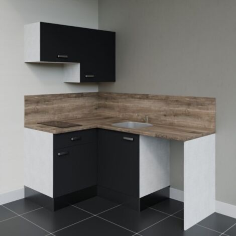 Kitchenette d'angle KA02L-PT avec plan de travail et évier - Façade Noir - Plan Bois - Evier Inox - Crédences Oui