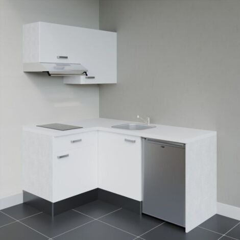 Kitchenette d'angle KA02L-PT électroménager inclus - Façade Blanc - Plan Blanc - Crédences Non + Electroménager inclus coloris Inox