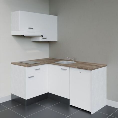 Kitchenette d'angle KA02L-PT électroménager inclus - Façade Blanc - Plan Bois - Evier Inox - Crédences Non + Electroménager inclus coloris Blanc