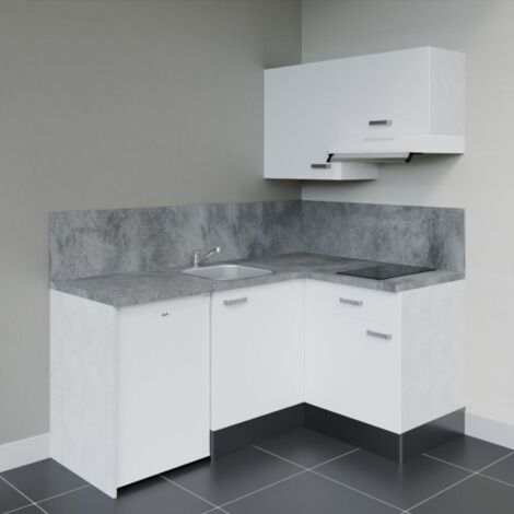 Kitchenette d'angle KA02L-PT électroménager inclus - Façade Blanc - Plan Gris béton - Evier Inox - Crédences Oui + Electroménager inclus coloris Blanc