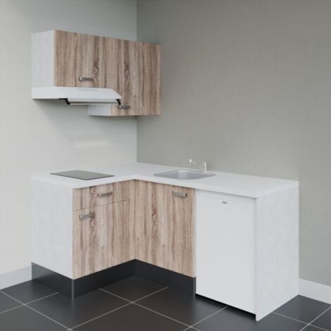 Kitchenette d'angle KA02L-PT électroménager inclus - Façade Bois - Plan Blanc - Crédences Non + Electroménager inclus coloris Blanc