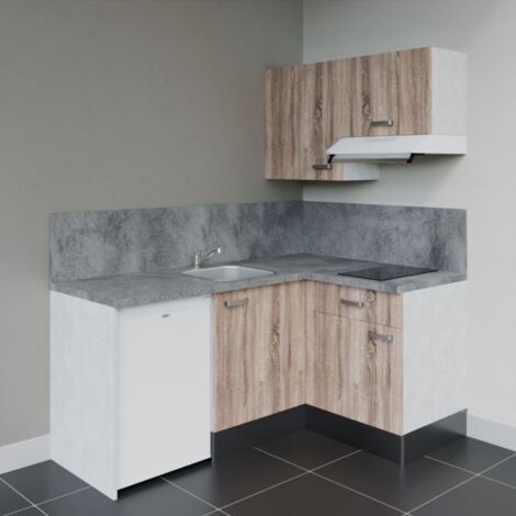 Kitchenette d'angle KA02L-PT électroménager inclus - Façade Bois - Plan Gris béton - Evier Inox - Crédences Oui + Electroménager inclus coloris Blanc