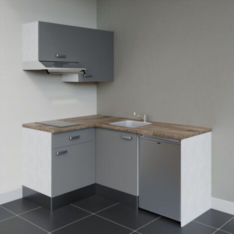Kitchenette d'angle KA02L-PT électroménager inclus - Façade Gris - Plan Bois - Evier Inox - Crédences Non + Electroménager inclus coloris Inox