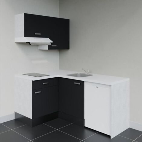 Kitchenette d'angle KA02L-PT électroménager inclus - Façade Noir - Plan Blanc - Crédences Non + Electroménager inclus coloris Blanc