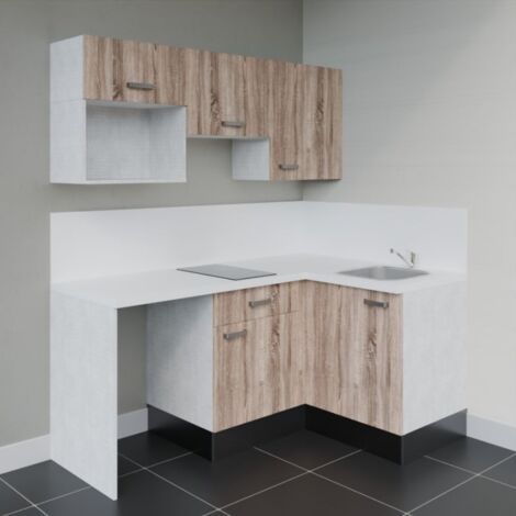 Kitchenette d'angle KA03L-PT avec plan de travail et évier Façade Bois - Plan Blanc - Evier