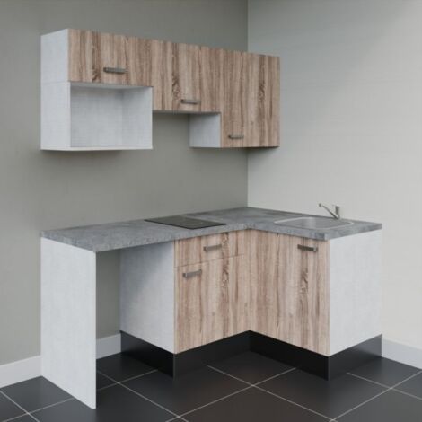 Kitchenette d'angle KA03L-PT avec plan de travail et évier - Façade Bois - Plan Gris béton - Evier Inox - Crédences Non