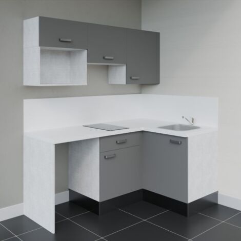 Kitchenette d'angle KA03L-PT avec plan de travail et évier Façade Gris - Plan Blanc - Evier