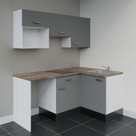 Kitchenette d'angle KA03L-PT avec plan de travail et évier - Façade Gris - Plan Bois - Evier Inox - Crédences Non