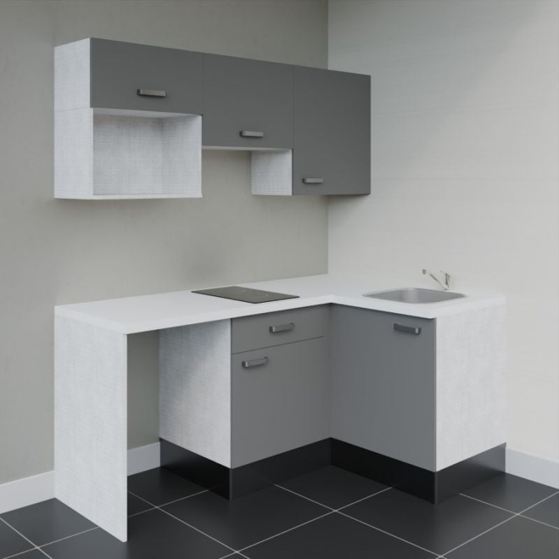 Cuisibane - Kitchenette d'angle KA03L-PT avec plan de travail et évier Façade Gris - Plan Blanc - Evier