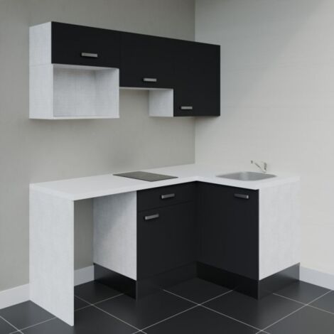 Kitchenette d'angle KA03L-PT avec plan de travail et évier Façade Noir - Plan Blanc - Evier