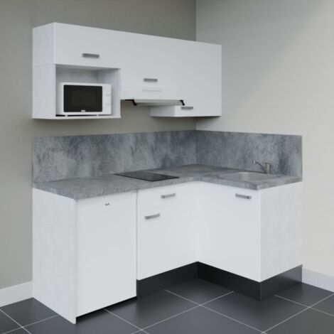 Kitchenette d'angle KA03L-PT électroménager inclus - Façade Blanc - Plan Gris béton - Evier Inox - Crédences Oui + Electroménager inclus coloris Blanc
