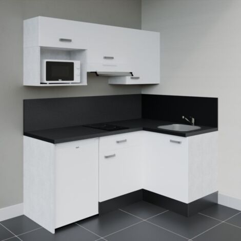 Kitchenette d'angle KA03L-PT électroménager inclus - Façade Blanc - Plan Noir texturé - Evier Inox - Crédences Oui + Electroménager inclus coloris Blanc