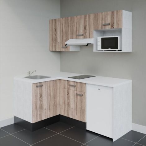 Kitchenette d'angle KA03L-PT électroménager inclus - Façade Bois - Plan Blanc - Crédences Non + Electroménager inclus coloris Blanc