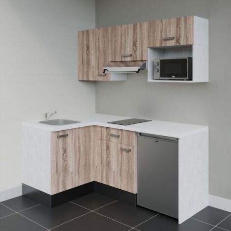 Kitchenette d'angle KA03L-PT électroménager inclus - Façade Bois - Plan Blanc - Crédences Non + Electroménager inclus coloris Inox