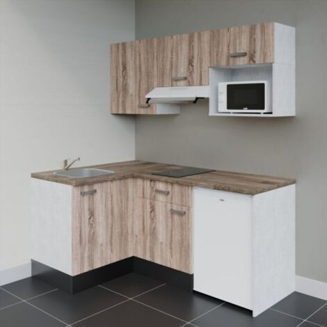 Kitchenette d'angle KA03L-PT électroménager inclus - Façade Bois - Plan Bois - Evier Inox - Crédences Non + Electroménager inclus coloris Blanc