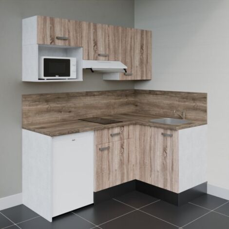 Kitchenette d'angle KA03L-PT électroménager inclus - Façade Bois - Plan Bois - Evier Inox - Crédences Oui + Electroménager inclus coloris Blanc