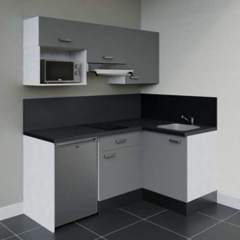 Kitchenette d'angle KA03L-PT électroménager inclus - Façade Gris - Plan Noir texturé - Evier Inox - Crédences Oui + Electroménager inclus coloris Inox
