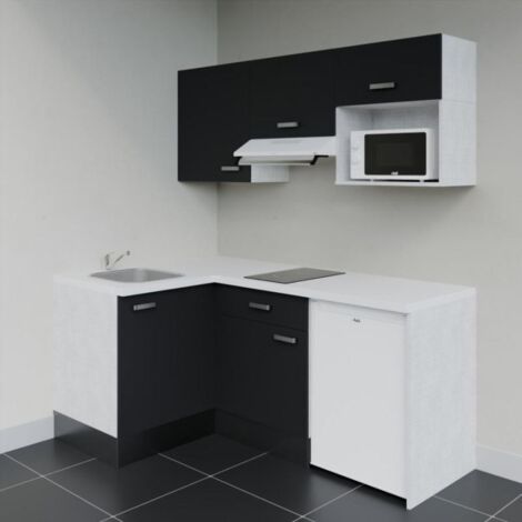 Kitchenette d'angle KA03L-PT électroménager inclus - Façade Noir - Plan Blanc - Crédences Non + Electroménager inclus coloris Blanc
