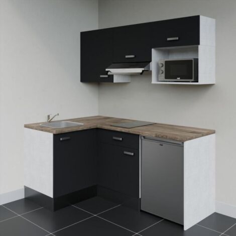 Kitchenette d'angle KA03L-PT électroménager inclus - Façade Noir - Plan Bois - Evier Inox - Crédences Non + Electroménager inclus coloris Inox