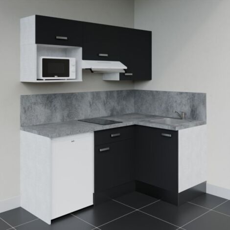 Kitchenette d'angle KA03L-PT électroménager inclus - Façade Noir - Plan Gris béton - Evier Inox - Crédences Oui + Electroménager inclus coloris Blanc