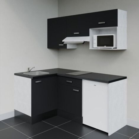 Kitchenette d'angle KA03L-PT électroménager inclus - Façade Noir - Plan Noir texturé - Evier Inox - Crédences Non + Electroménager inclus coloris Blanc