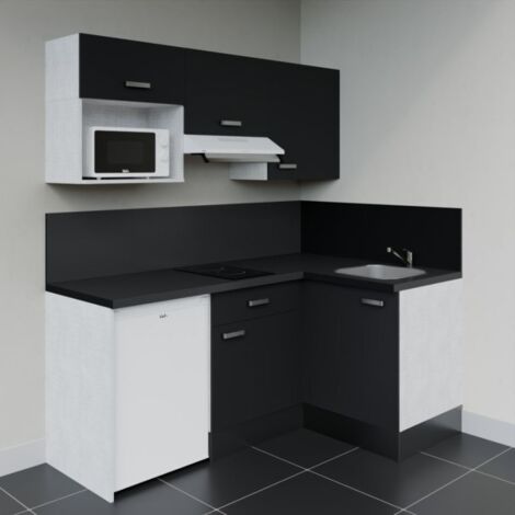 Kitchenette d'angle KA03L-PT électroménager inclus - Façade Noir - Plan Noir texturé - Evier Inox - Crédences Oui + Electroménager inclus coloris Blanc
