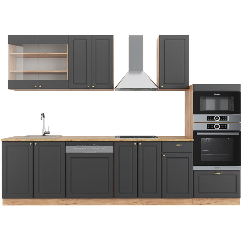 Vicco - Cuisine Fame-Line, Anthracite Campagne/Chêne doré, 300 cm avec armoire haute, sans plan de travail