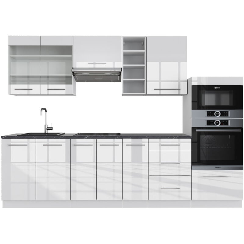 Vicco - Cuisine Fame-Line, blanc brillant/blanc, 280 cm sans plan de travail