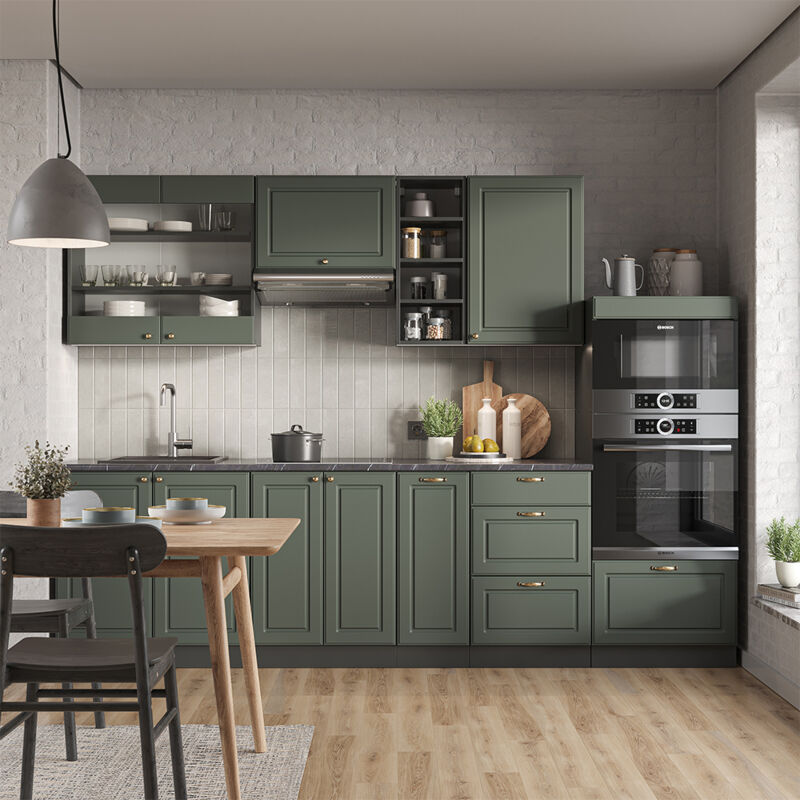 Vicco - Cuisine Fame-Line, Vert et or campagne/anthracite, 280 cm sans plan de travail