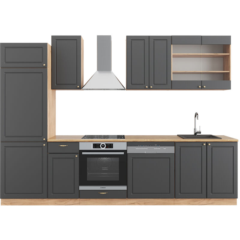 Vicco - Cuisine Fame-Line, Anthracite Campagne/Chêne doré, 300 cm sans plan de travail