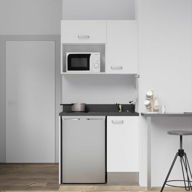 Kitchenette K00L - 100 cm - emplacements frigo top et micro-ondes-Blanc-Nero-évier à droite