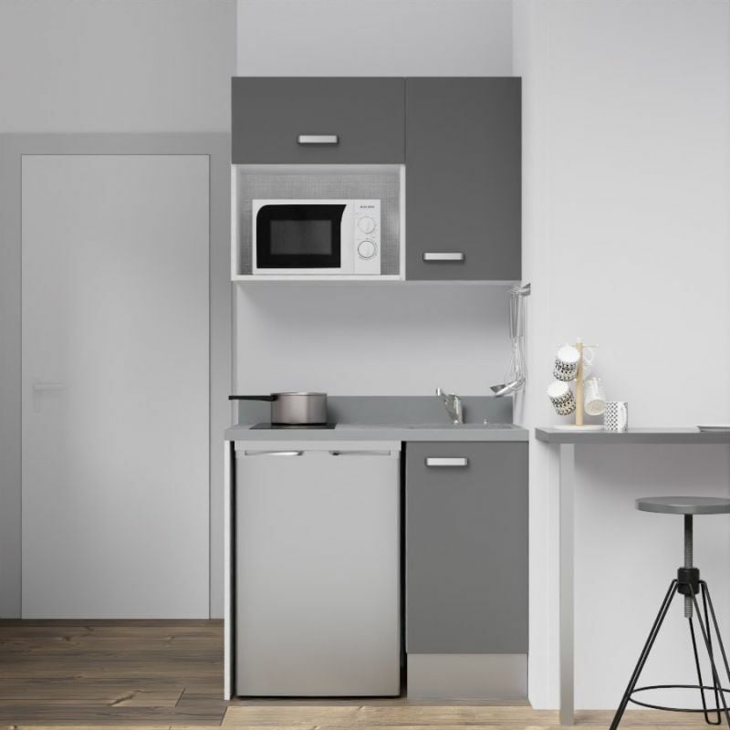 Kitchenette K00L - 100 cm - emplacements frigo top et micro-ondes-Gris-Cromo-évier à droite