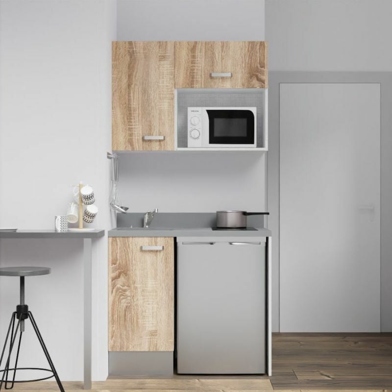 Kitchenette K00L - 100 cm - emplacements frigo top et micro-ondes-Bois-Cromo-évier à gauche