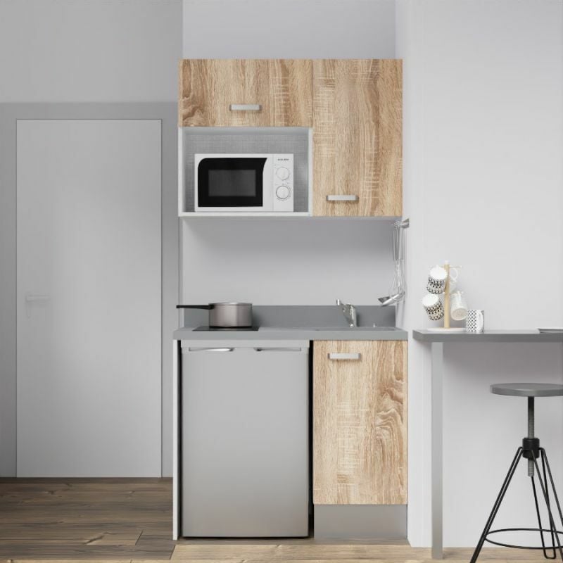 Kitchenette K00L - 100 cm - emplacements frigo top et micro-ondes-Bois-Cromo-évier à droite