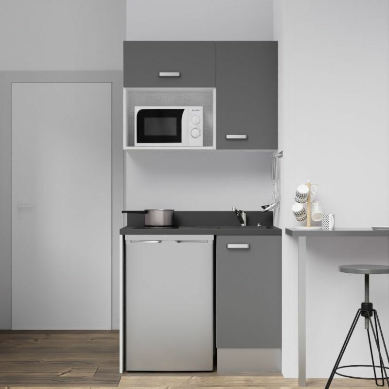 Kitchenette K00L - 100 cm - emplacements frigo top et micro-ondes-Gris-Nero-évier à droite