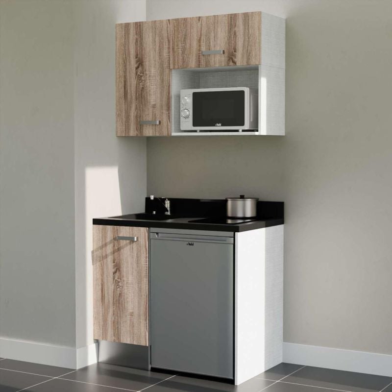 Kitchenette K00L - 100 cm - plan monobloc évier intégré Nero- évier à gauche - Façades Bois + Electroménager inclus coloris Inox
