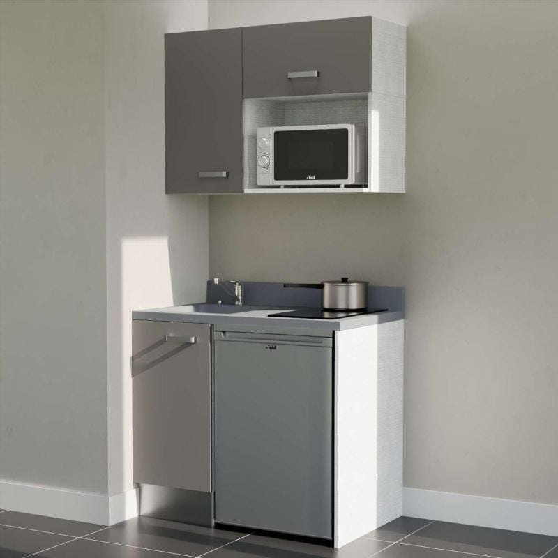 Kitchenette K00L - 100 cm - plan monobloc évier intégré Cromo- évier à gauche - Façades Gris + Electroménager inclus coloris Inox