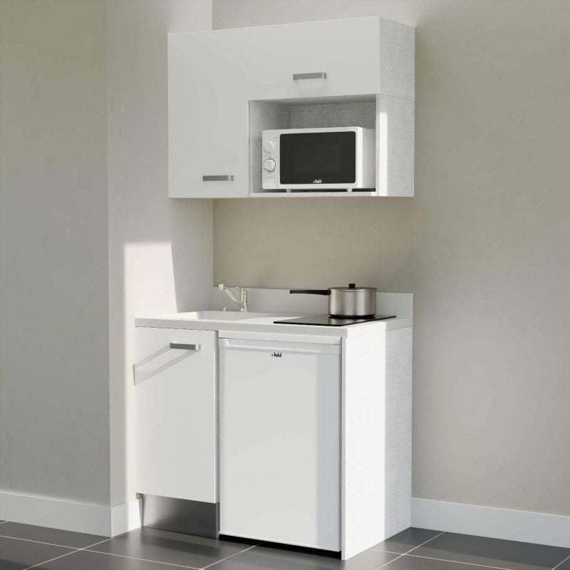 Kitchenette K00L - 100 cm - plan monobloc évier intégré Snova- évier à gauche - Façades Blanc + Electroménager inclus coloris Blanc