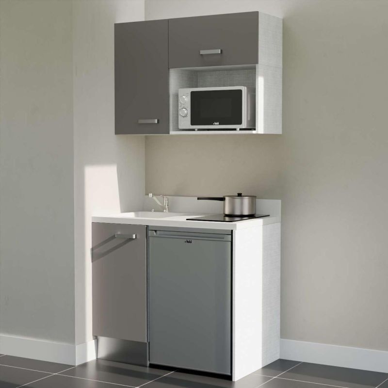 Cuisibane - Kitchenette K00L - 100 cm - plan monobloc évier intégré Snova- évier à gauche - Façades Gris + Electroménager inclus coloris Inox