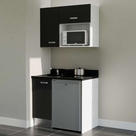 Kitchenette K00L - 100 cm - plan monobloc évier intégré Nero- évier à gauche - Façades Noir + Electroménager inclus coloris Inox