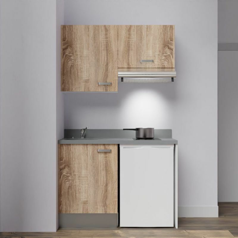 Kitchenette K01L - 120 cm - emplacements frigo top et hotte-Bois-Cromo-évier à gauche